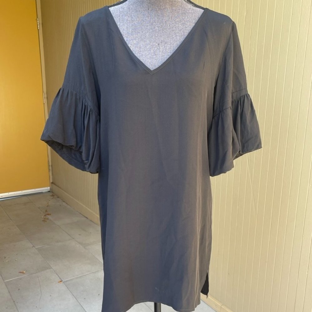 Geren Ford 100% Silk Black Puff Bell Sleeve Mini Dress Medium